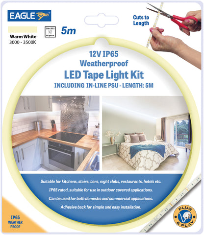 Eagle G009TG - 5m Warm White 12V IP65 LED Tape Light Kit with In-line PSU
